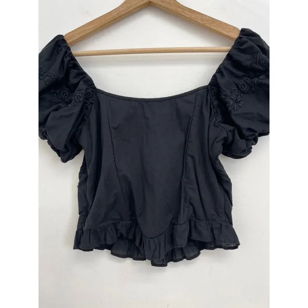 LoveShackFancy Breonna Corset Crop Top Square Neck Dark Romantic Ruffle - Size 2